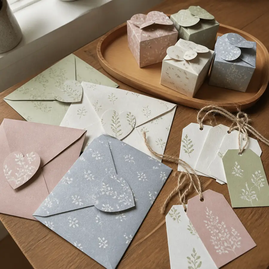 Matching envelopes, tags and gift boxes