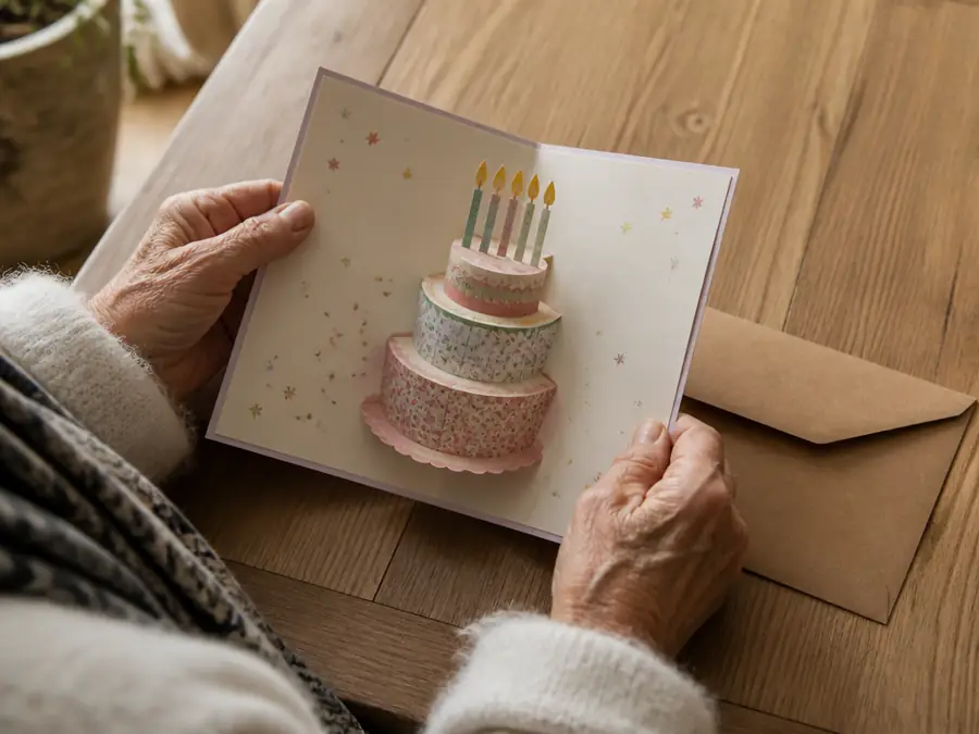 Opening a handmade pop-up birthday card