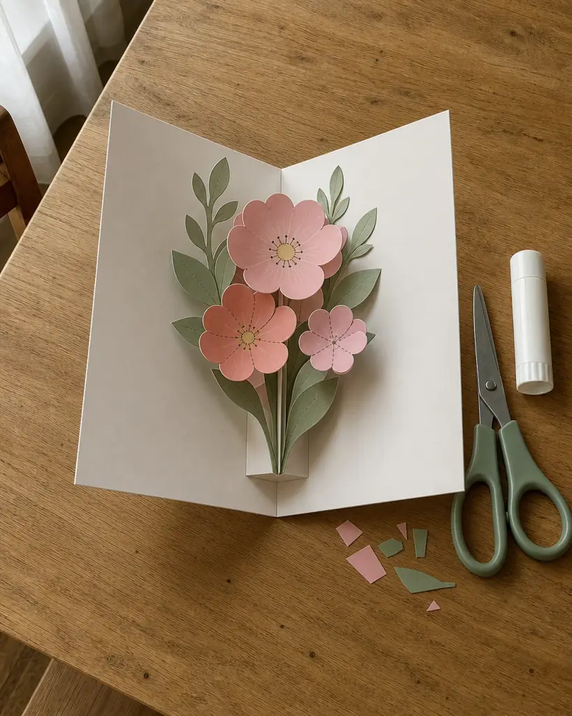 The finished pop-up flower card standing open