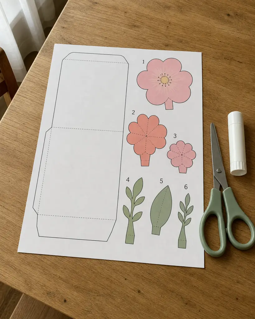 Printed pop-up card template with scissors and glue