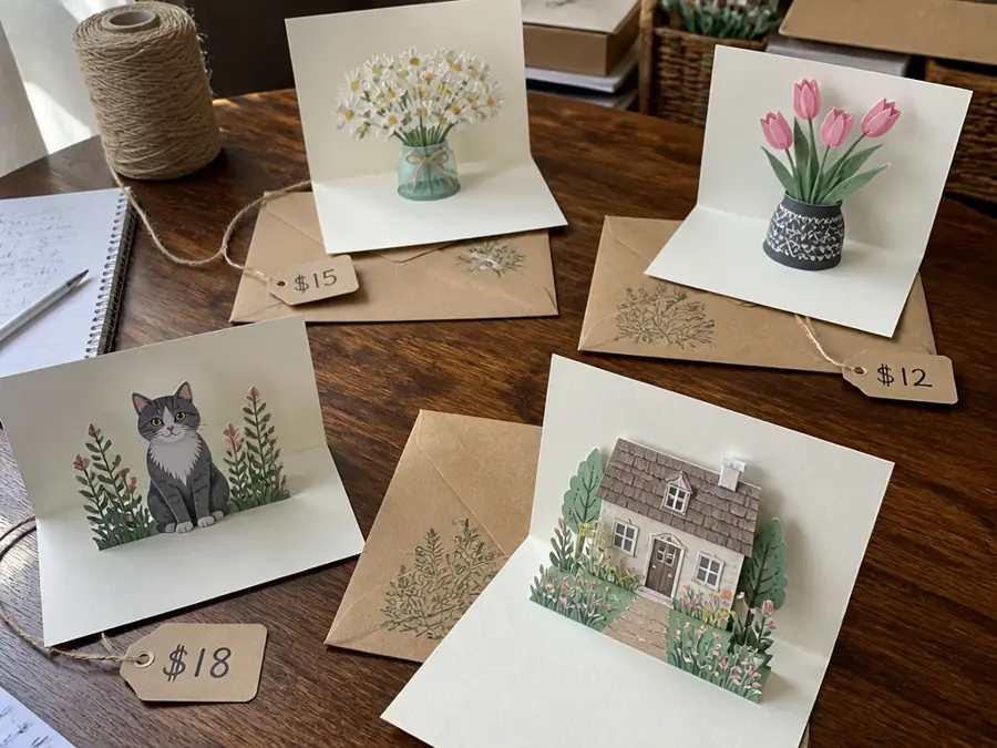 Handmade pop-up cards with price tags ready for orders