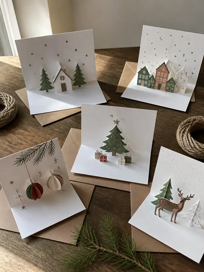 Set of handmade Christmas pop-up cards